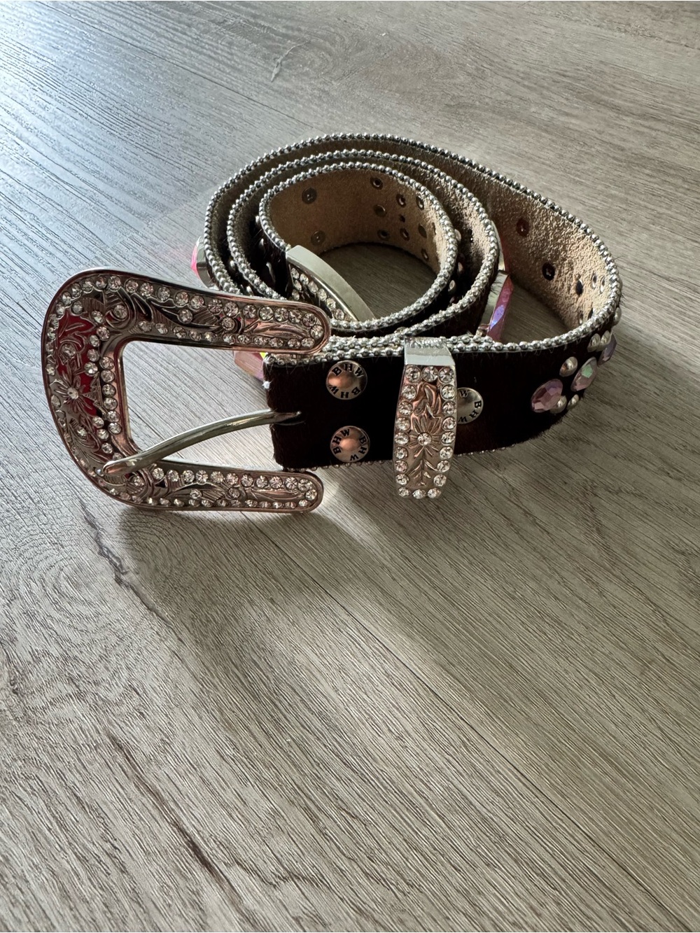 Embellished Western-Style Brown Leather Belt with Rhinestone Buckle